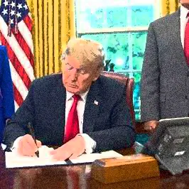 Drawing depicting President Trump signing executive orders on CDC reporting